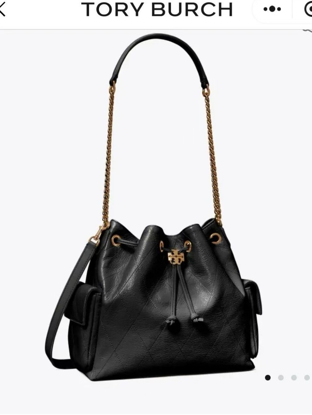 Tory Burch Charlie small Black Leather Bucket Bag with Gold Chain Strap